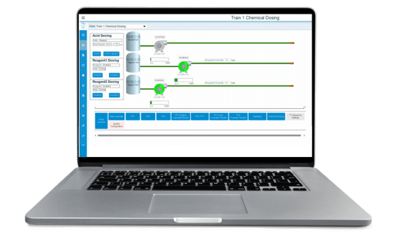 OASIS webSCADA dashboard showing remote monitoring of a process with remote control function to turn equipment ON/OFF